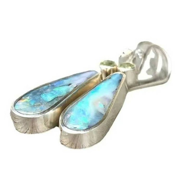 Bohemian Faux Opal Drop Dangle Earrings Light Blue Green Lightweight - Picture 5 of 9